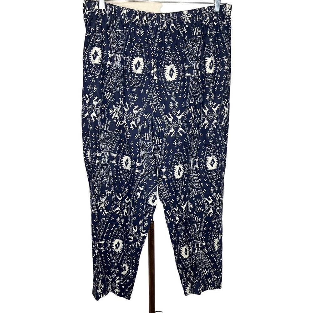 Carole Little size 20W blue & white pants elastic waist Geo print Aztec